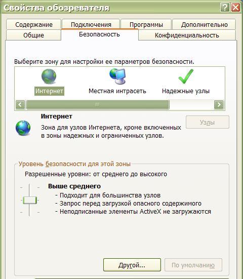 Свойства обозревателя: безопасность.